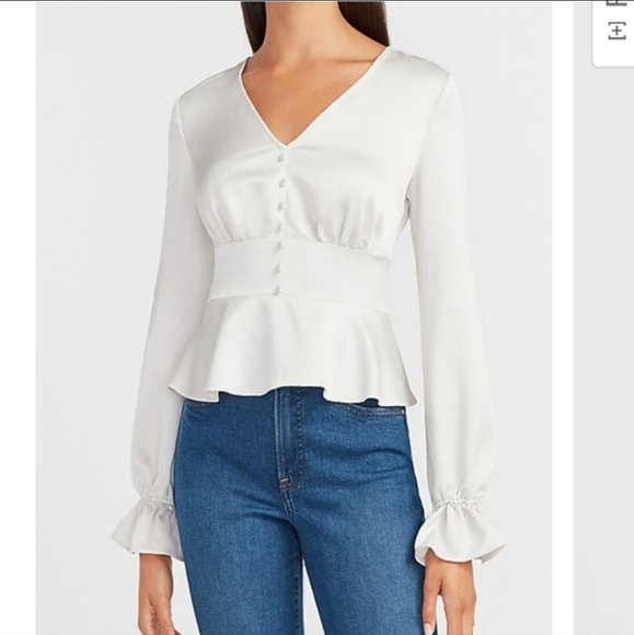 Express Tops - NWT EXPRESS Satin Button Front V Neck Peplum Blouse Large